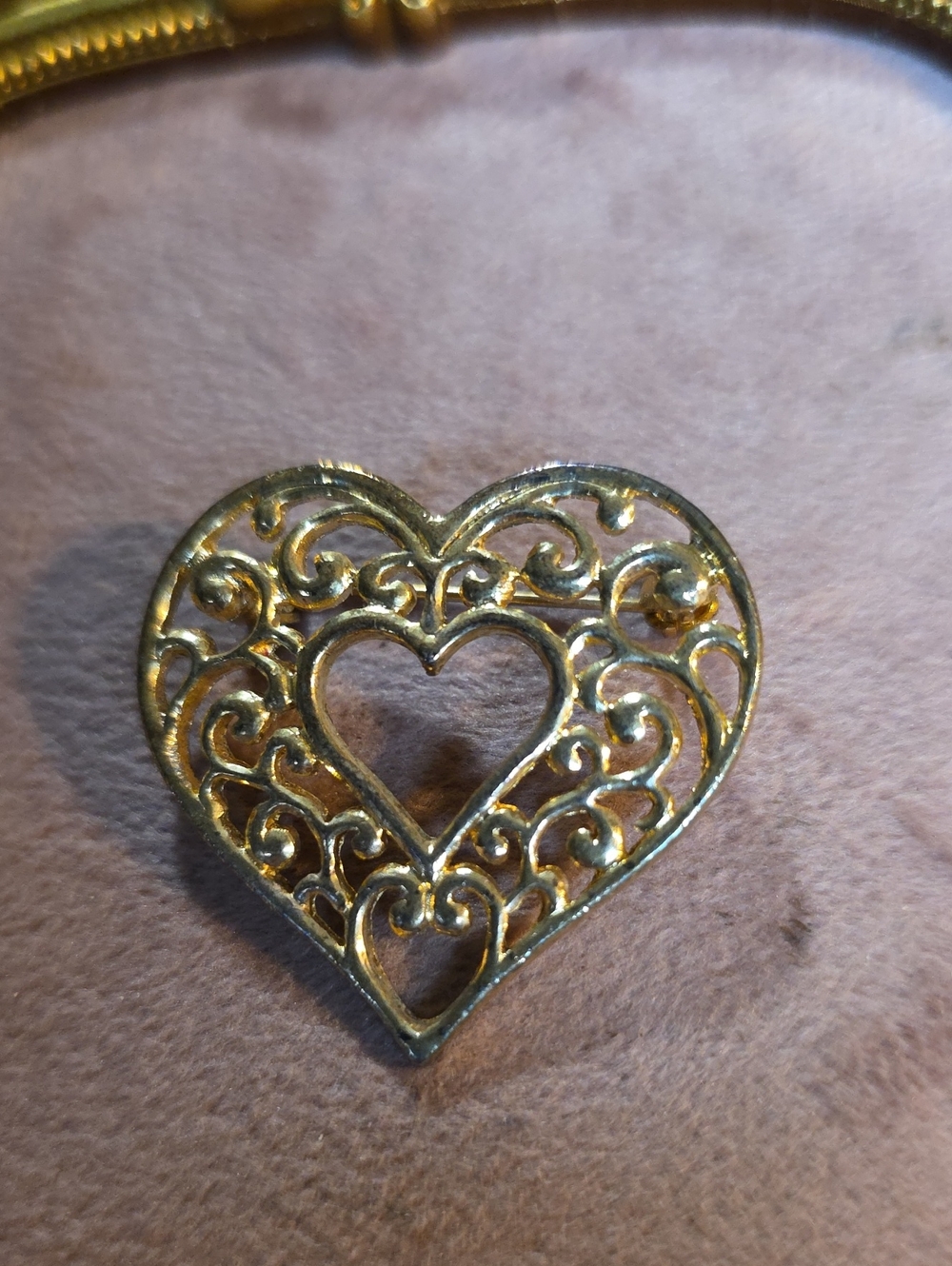 Vintage Gold Tone Openwork Filigree Heart Brooch Pin